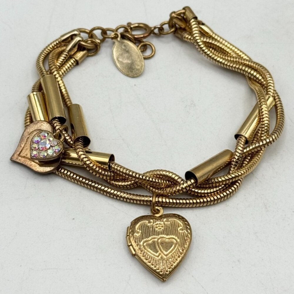 Vintage braided gold chain heart charm locket bracelet